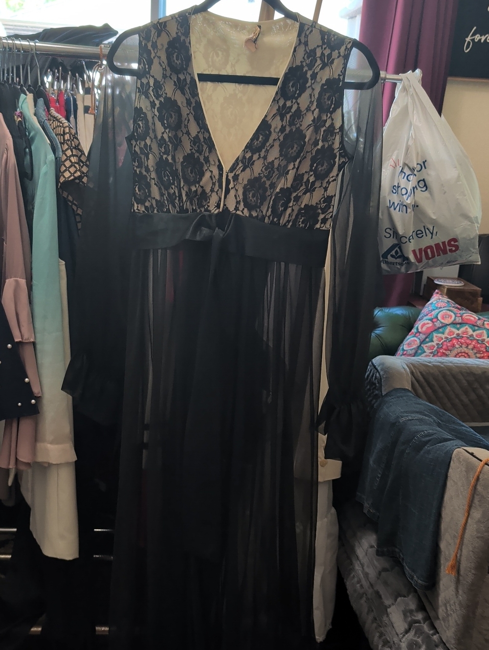 Black Sheer Lace Long Robe with Satin Waist Tie